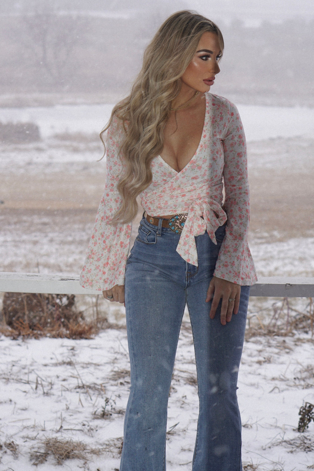 Woodstock Floral Bell Sleeve Wrap Top - Cream Floral