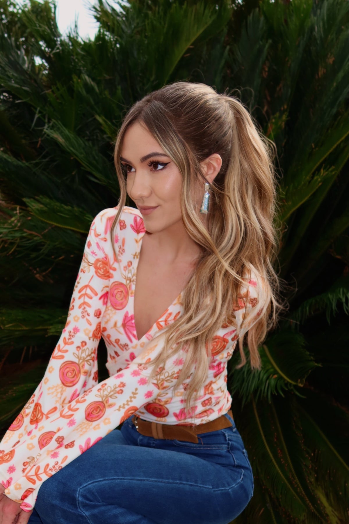 Woodstock Floral Bell Sleeve Wrap Top - Sunset Petals