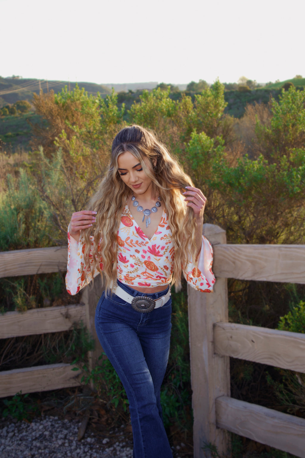 Woodstock Floral Bell Sleeve Wrap Top - Sunset Petals
