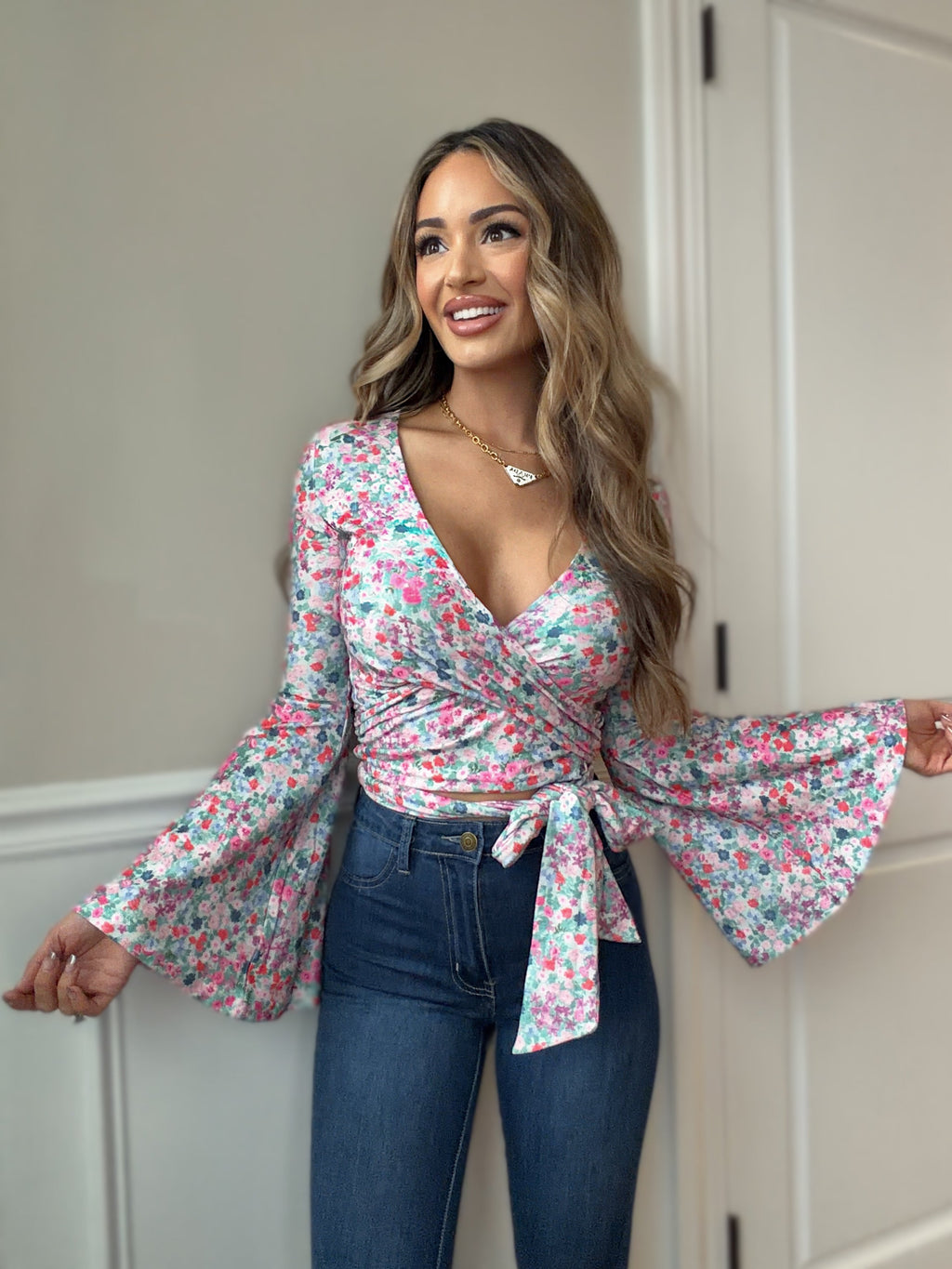 Woodstock Floral Bell Sleeve Wrap Top - Wild Petal